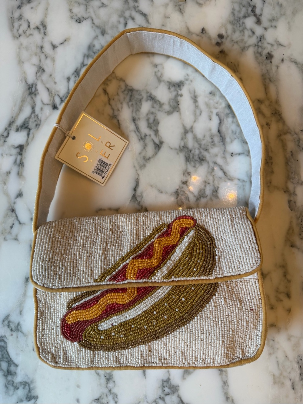 NWT SOL & MER Hot Dog Beaded Crossbody Bag White Novelty Food Purse
